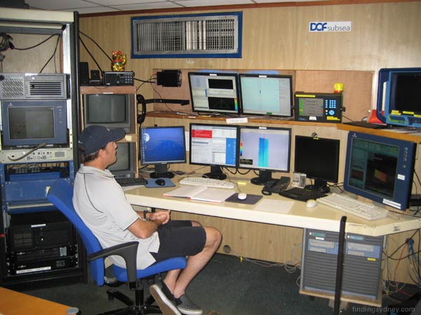 The navigator's station showing DGPS and Multi-Beam Echo Sounder systems.